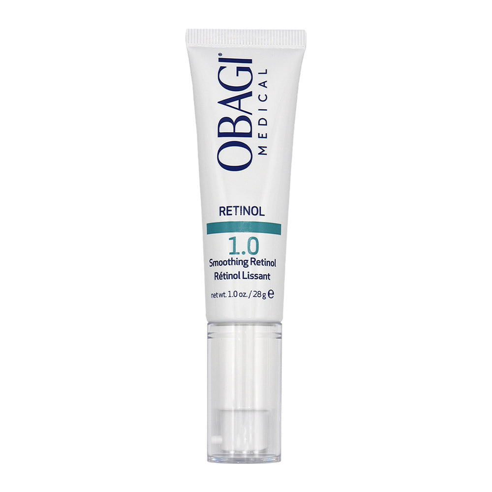 Obagi Medical Retinol 1.0 Cream bottle closeup showing premium retinol for smoother skin.