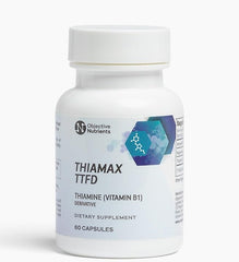 Objective Nutrients Thiamax bottle close-up showing compact high-dose B1 capsules for daily energy support