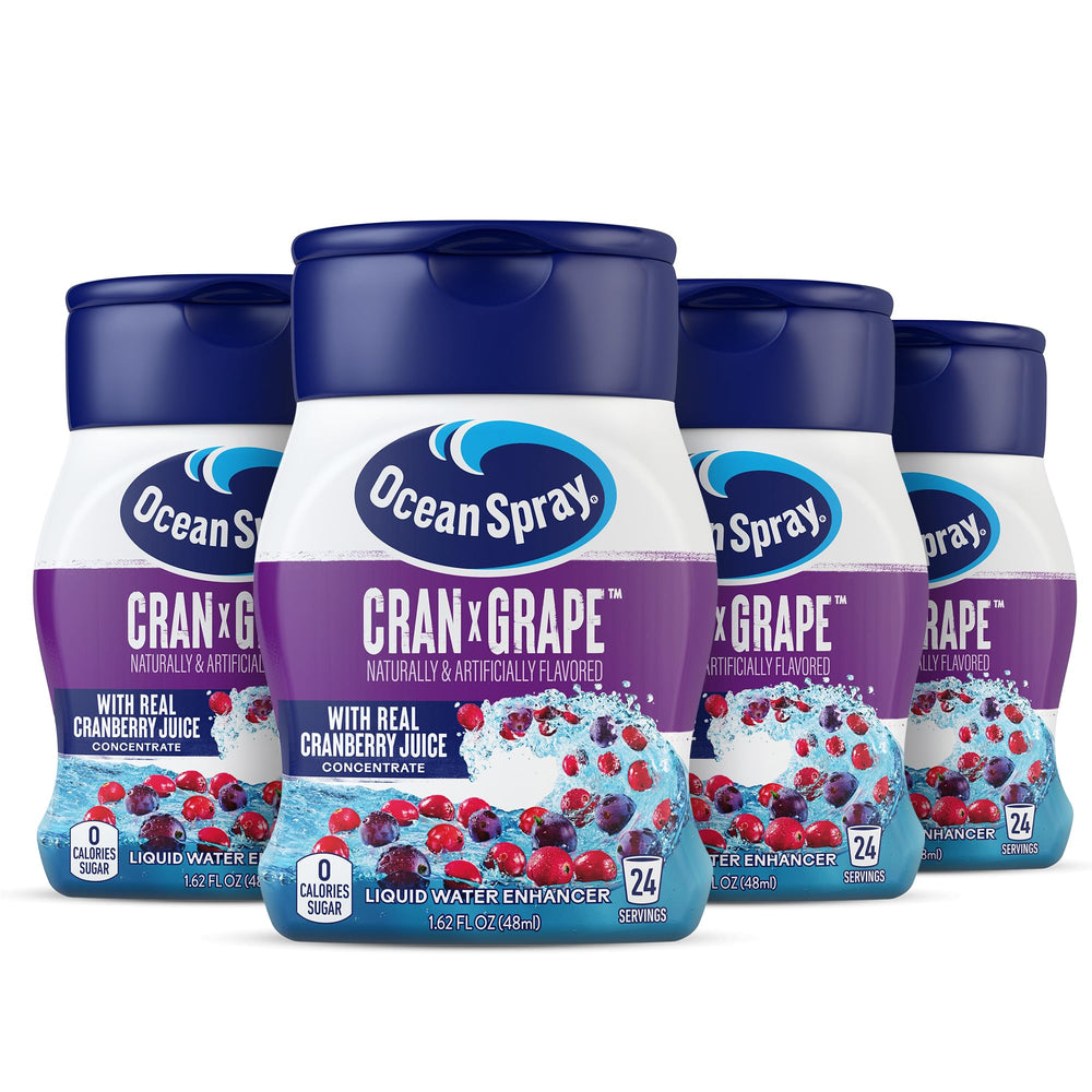 Ocean Spray Cran-Grape bottle pouring, highlighting zero sugar and real juice flavor.