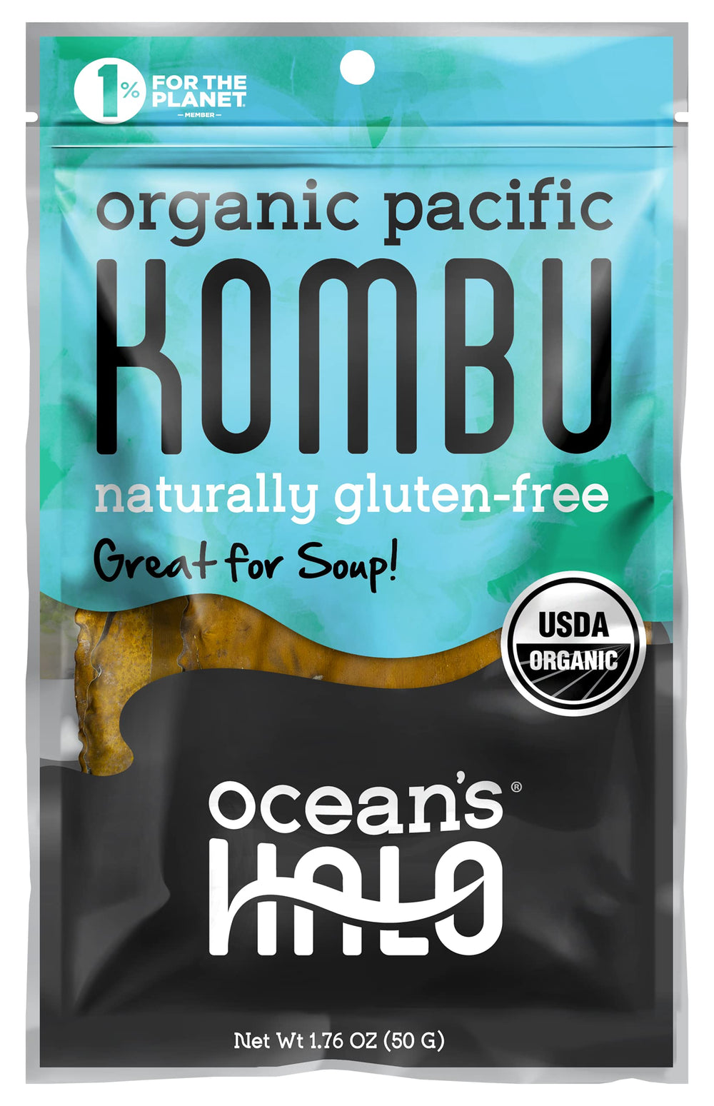 Ocean's Halo Organic Kombu packaging closeup for clean-label flavor base.
