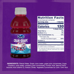 Ocean Spray Cran-Grape bottle side view highlights six-bottle pack convenience.