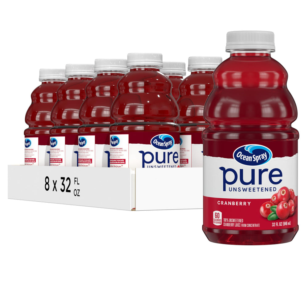 Ocean Spray Pure Unsweetened Cranberry Juice eight-pack bottles for family gatherings