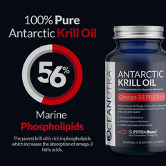 Oceanutra Krill Oil capsules closeup showing glossy softgels and purity.
