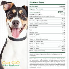 Ocu-GLO PB bottle label shows dog eye health supplement