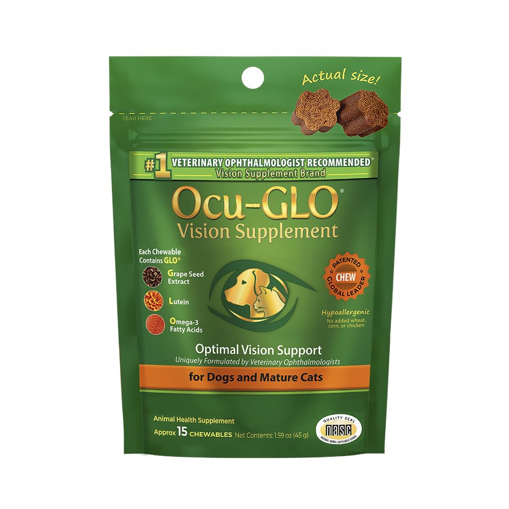 Ocu-GLO eye health chews in a bottle close-up, supporting daily eye wellness for pets.