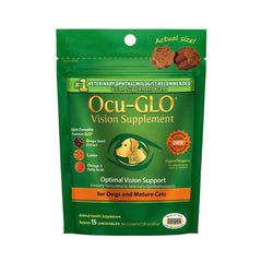 Ocu-GLO eye health chews in a bottle close-up, supporting daily eye wellness for pets.