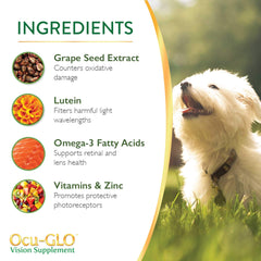 Ocu-GLO grape seed and antioxidant ingredients close-up suggesting fortified eye support.