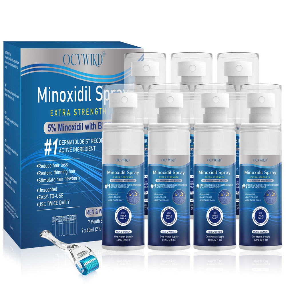 OCVWJKD 5% Minoxidil spray bottle targets scalp for fuller-looking hair.