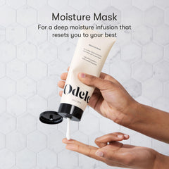 Odele Moisture Hair Mask ingredients closeup highlighting argan and jojoba oils for nourishment.