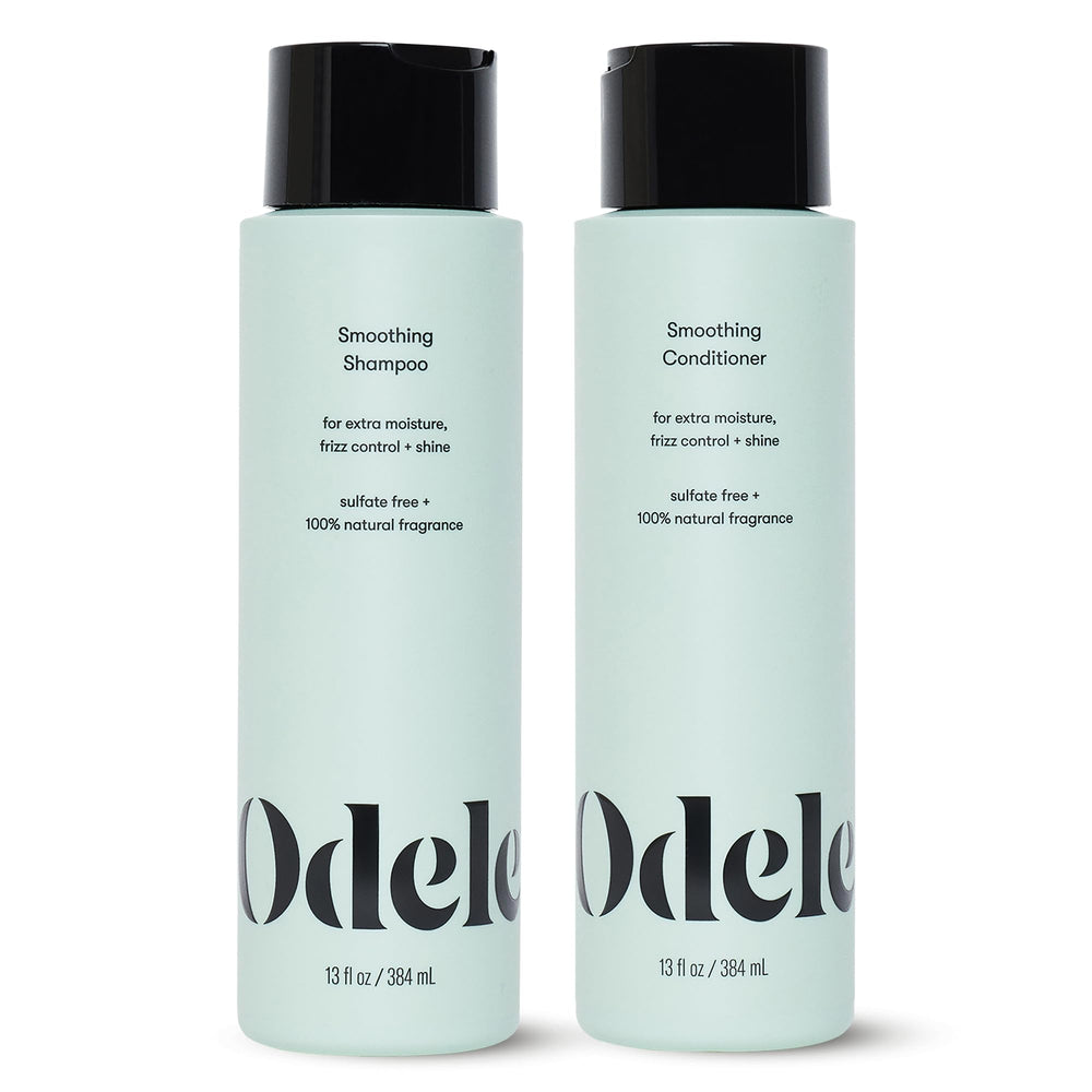 Odele smoothing shampoo bottle showing frizz control and shine benefits.