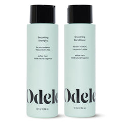 Odele smoothing shampoo bottle showing frizz control and shine benefits.