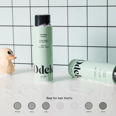 Close-up of Odele smoothing-shampoo label emphasizing sulfate-free formula.