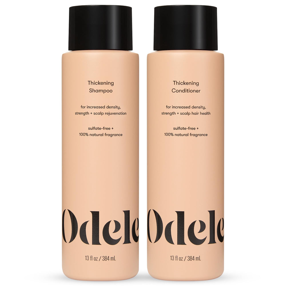 Odele Thickening Shampoo bottle on display highlighting density boost and refreshing scent.