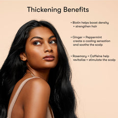 Odele Thickening Shampoo label close-up highlights biotin and rosemary for density support.