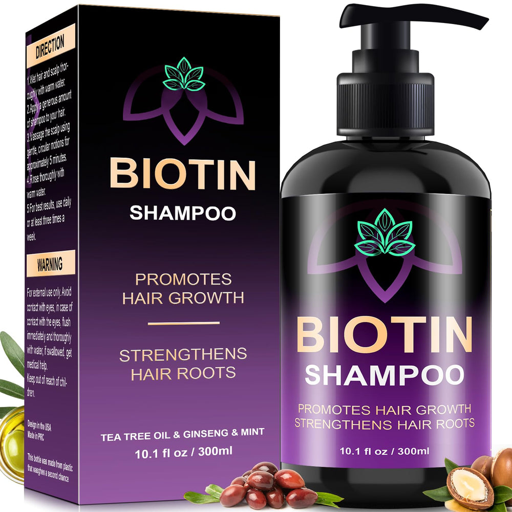 Oely Biotin Hair Growth Shampoo bottle promotes thicker, fuller-looking hair.