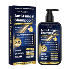 oely Enhanced Antifungal Shampoo bottle close-up showing soothing formula for itchy scalps.