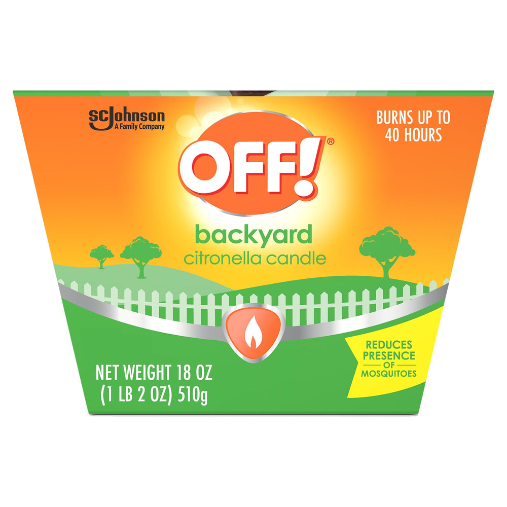 OFF! Backyard Citronella Candle on tabletop with warm glow and mosquito-reducing benefits.