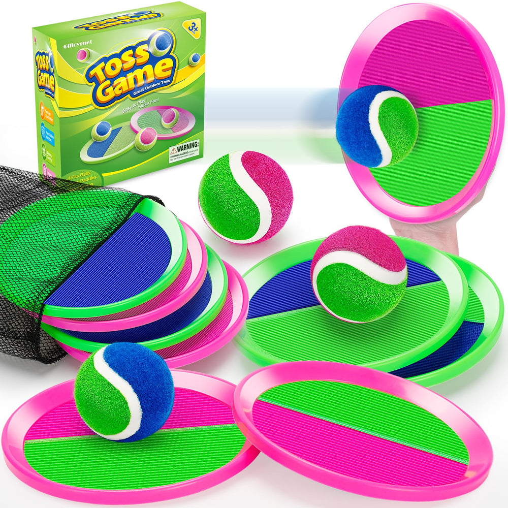 Officygnet Ball Catch Game paddles in bright pink and green for easy catching