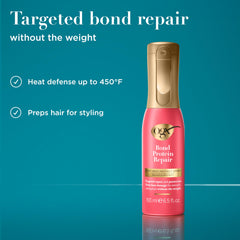 Graphic label on OGX Bond Protein Repair indicating key ingredients and benefits.