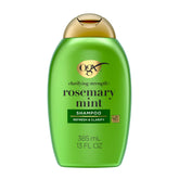OGX Clarifying Strength Rosemary Mint bottle ready to refresh oily hair.