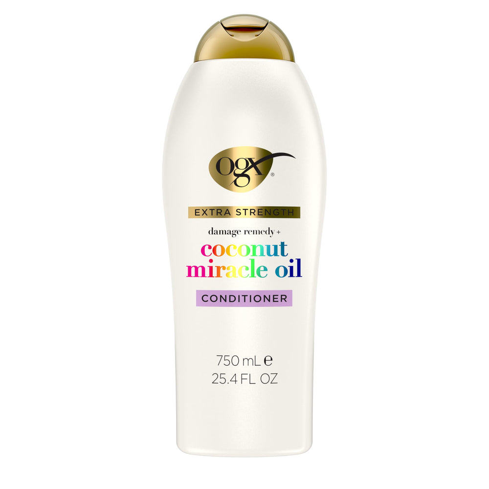 OGX Damage Remedy Coconut Miracle Oil Conditioner bottle highlights hydrating formula for dry hair.