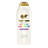 OGX Damage Remedy Coconut Miracle Oil Conditioner bottle highlights hydrating formula for dry hair.