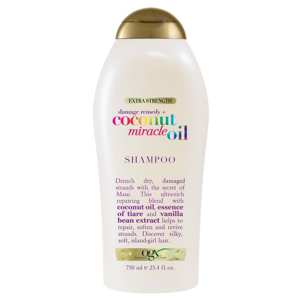 OGX Extra Strength Damage Remedy Coconut Miracle Oil Shampoo bottle showing hydrating formula for frizz control