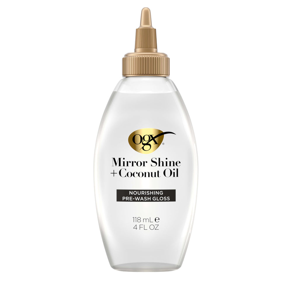 OGX Mirror Shine Coconut Oil Pre-Wash Gloss bottle for silky, glossy hair.
