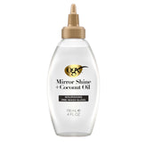 OGX Mirror Shine Coconut Oil Pre-Wash Gloss bottle for silky, glossy hair.
