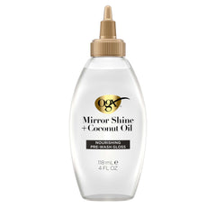 OGX Mirror Shine Coconut Oil Pre-Wash Gloss bottle for silky, glossy hair.