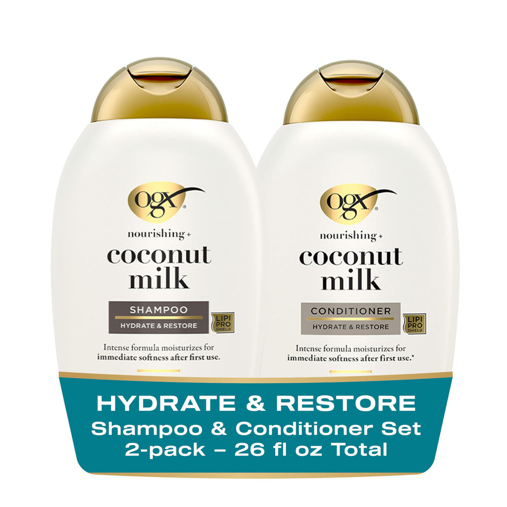 OGX Nourishing Coconut Milk shampoo pour showing hydrated, soft hair benefits