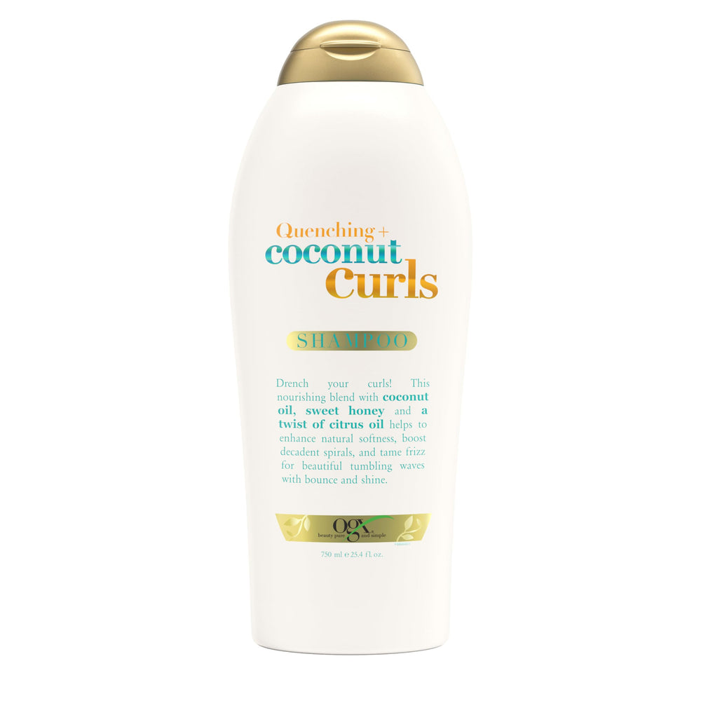 OGX Quenching + Coconut Curls Shampoo bottle on white surface, detangling focus