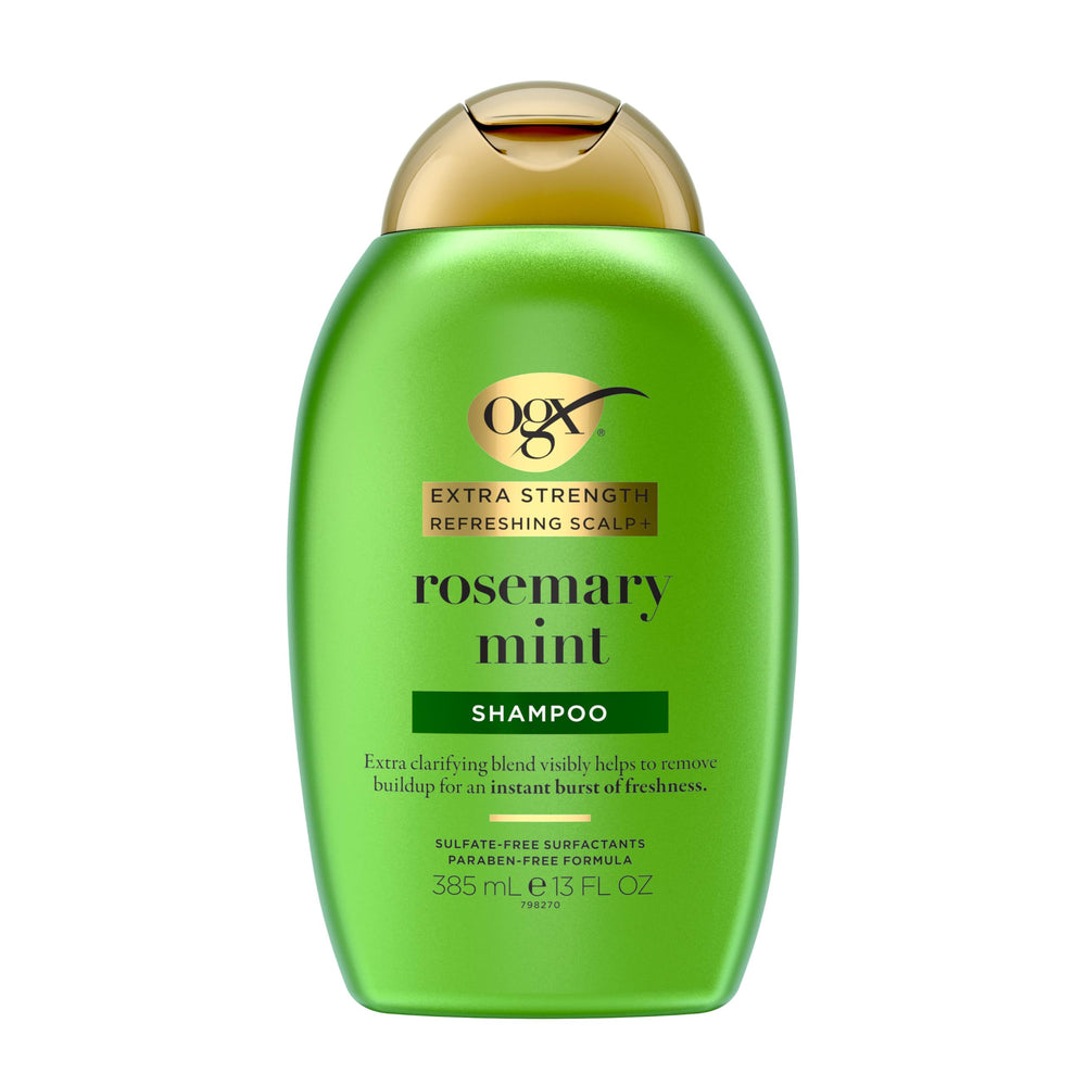 OGX Rosemary Mint Shampoo bottle highlights clarifying formula for oily hair.