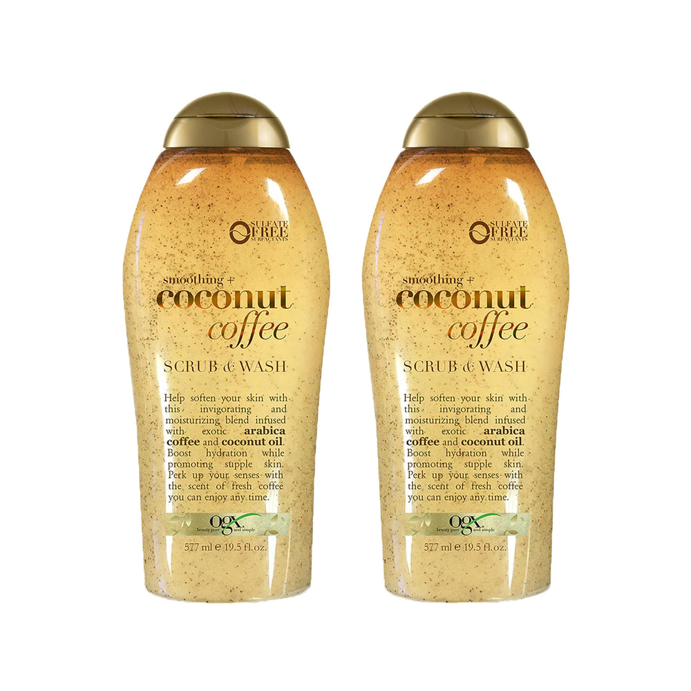 OGX smoothing coconut coffee exfoliating scrub bottle with rich aroma for daily use.
