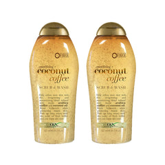 OGX smoothing coconut coffee exfoliating scrub bottle with rich aroma for daily use.
