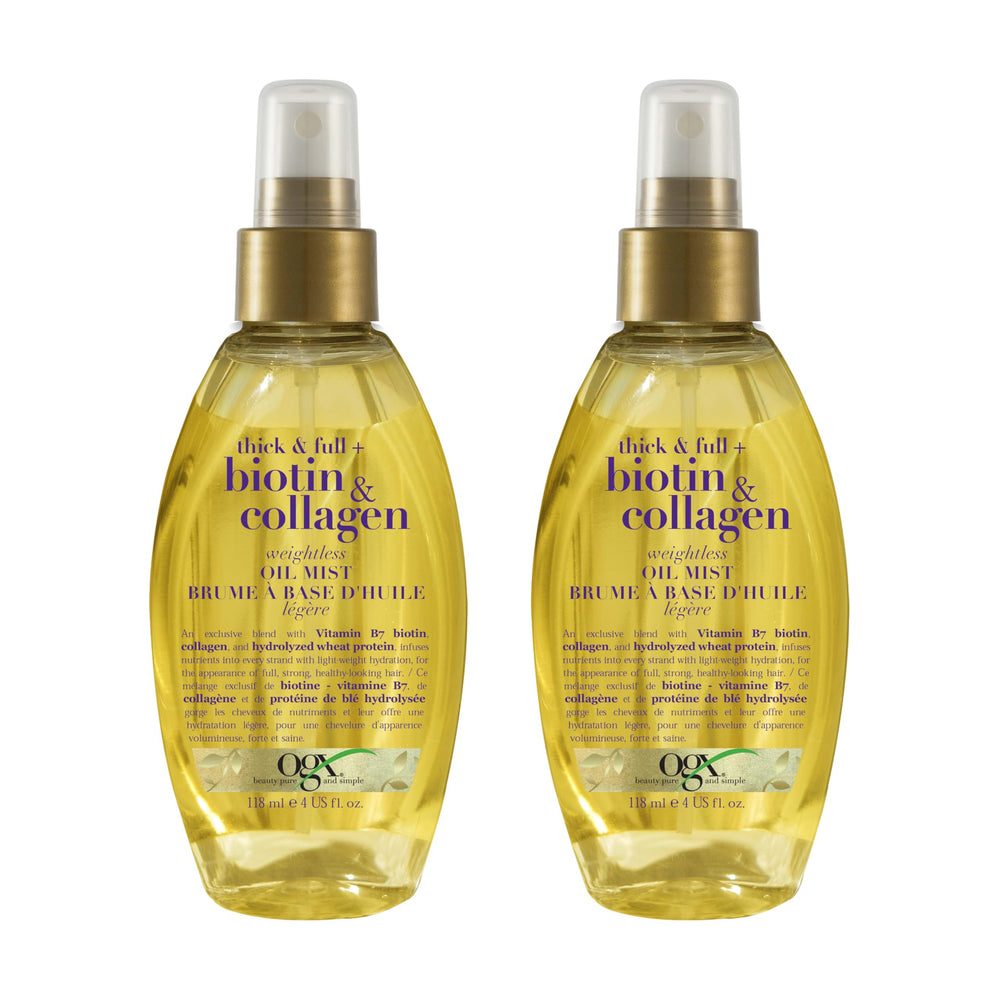 OGX Thick & Full Biotin & Collagen oil mist bottle for lightweight hydration and shine