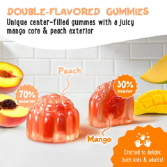 Close-up of dual-flavor gummies showing outer and inner textures