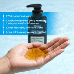 Oiangna shampoo application close-up showing a 3–5 minute wait.