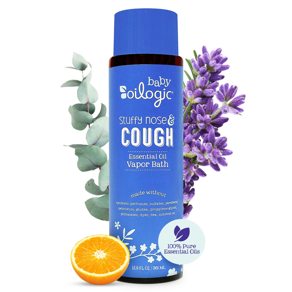 Oilogic Stuffy Nose Vapor Bath bottle shown, soothing baby with comforting vapors during bath time.