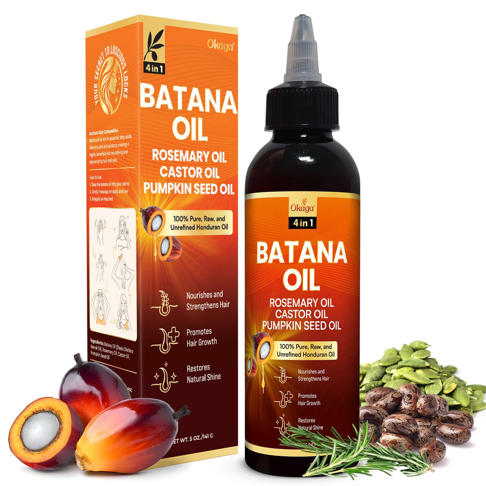 Okaga Batana Oil bottle front shows rosemary-infused nourishment for scalp and hair.
