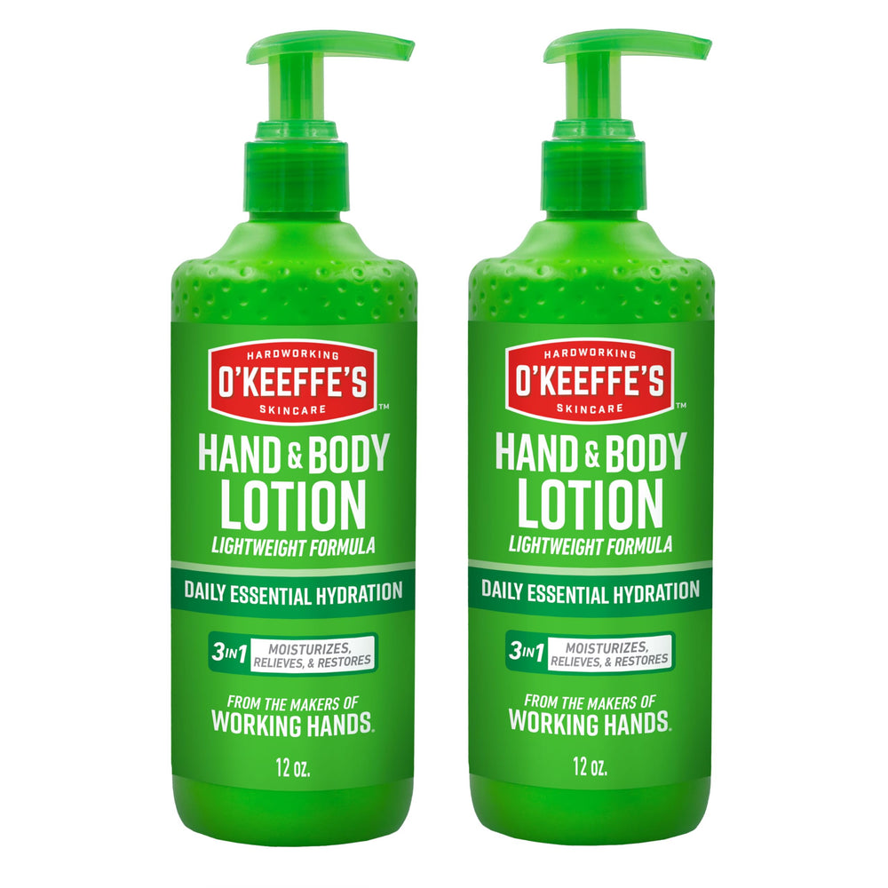 O'Keeffe's Hand and Body Lotion pump bottle, 12 oz, for daily moisture and hydration.