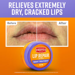 Close-up side view of O'Keeffe's Lip Repair night treatment jar highlighting compact travel size