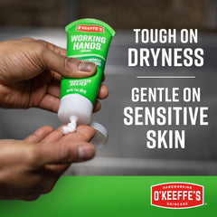 O'Keeffe's Working Hands application on hand suggests fast, non-greasy smoothing after washing