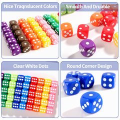 Okehlotos 50 pieces of colorful dice laid out for classroom activities.