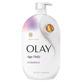 Olay Age Defy bottle with vitamin-e highlights daily hydration and softness.