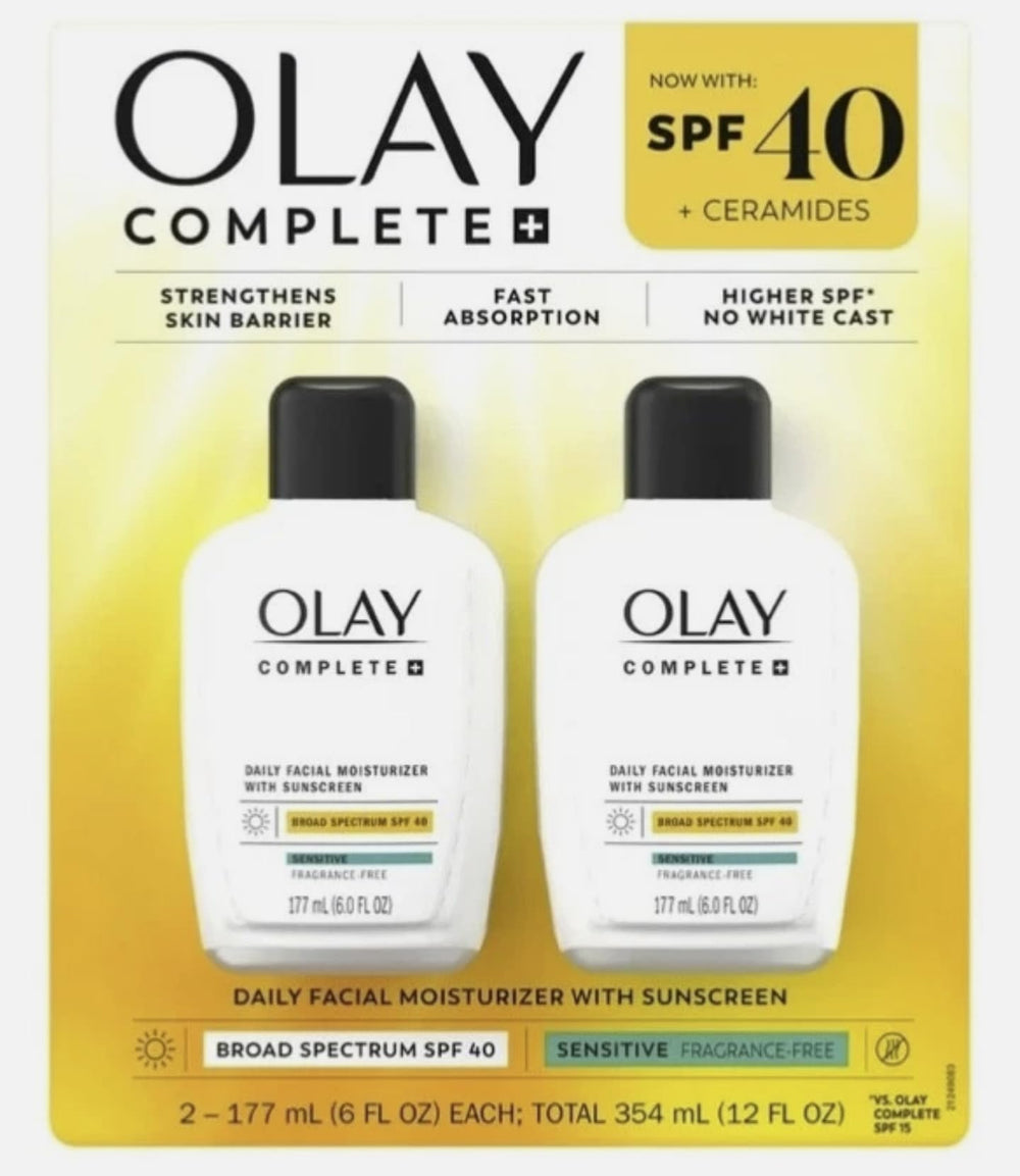 Olay Complete SPF 40 moisturizer bottle front with daily hydration and sun protection.