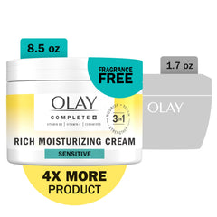 Olay Complete+ Rich Moisturizing Cream fragrance-free label, ideal for sensitive skin