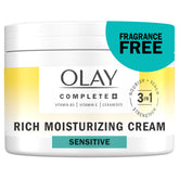 Olay Complete+ Rich Moisturizing Cream jar close-up highlighting fragrance-free, all-day hydration for dry skin