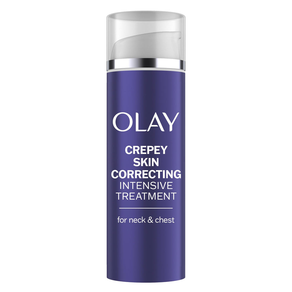 Olay crepey neck-chest cream jar delivers deep hydration for smoother skin.