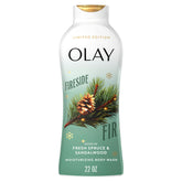 Olay Fireside Fir body wash bottle front shows hydrating cleanse for all skin types
